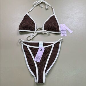 Wild Fable Bikini Set Brown Crochet Trim Triangle Top High Cut Bottom S NWT